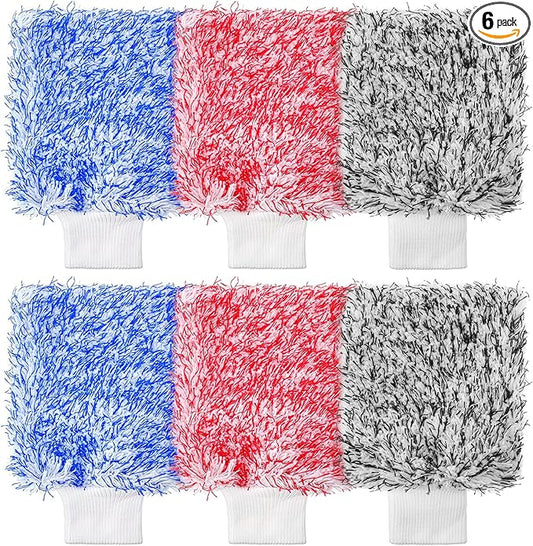 6 Pcs Microfiber Car Wash Mitt, Sponge Glove Wrapped in Soft, Plush Fiber Cloth Material, Safe Washing with Any Soap, Bucket, Other Cleaning Supplies