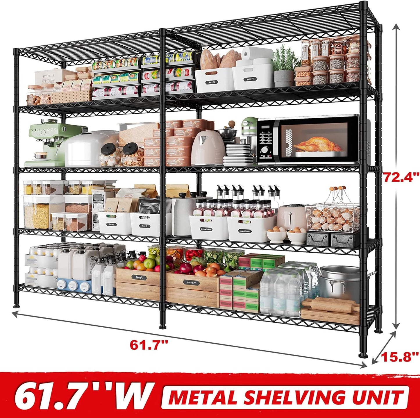 REIBII 1500LBS Storage Shelves Metal Shelving Unit 61.7''W Wire Shelving, 5 Tier Pantry Shelves Kitchen Shelves Adjustable Wire Shelf for Commercial Garage Shelving Heavy Duty, 61.7" W*72.4" H*15.8" D