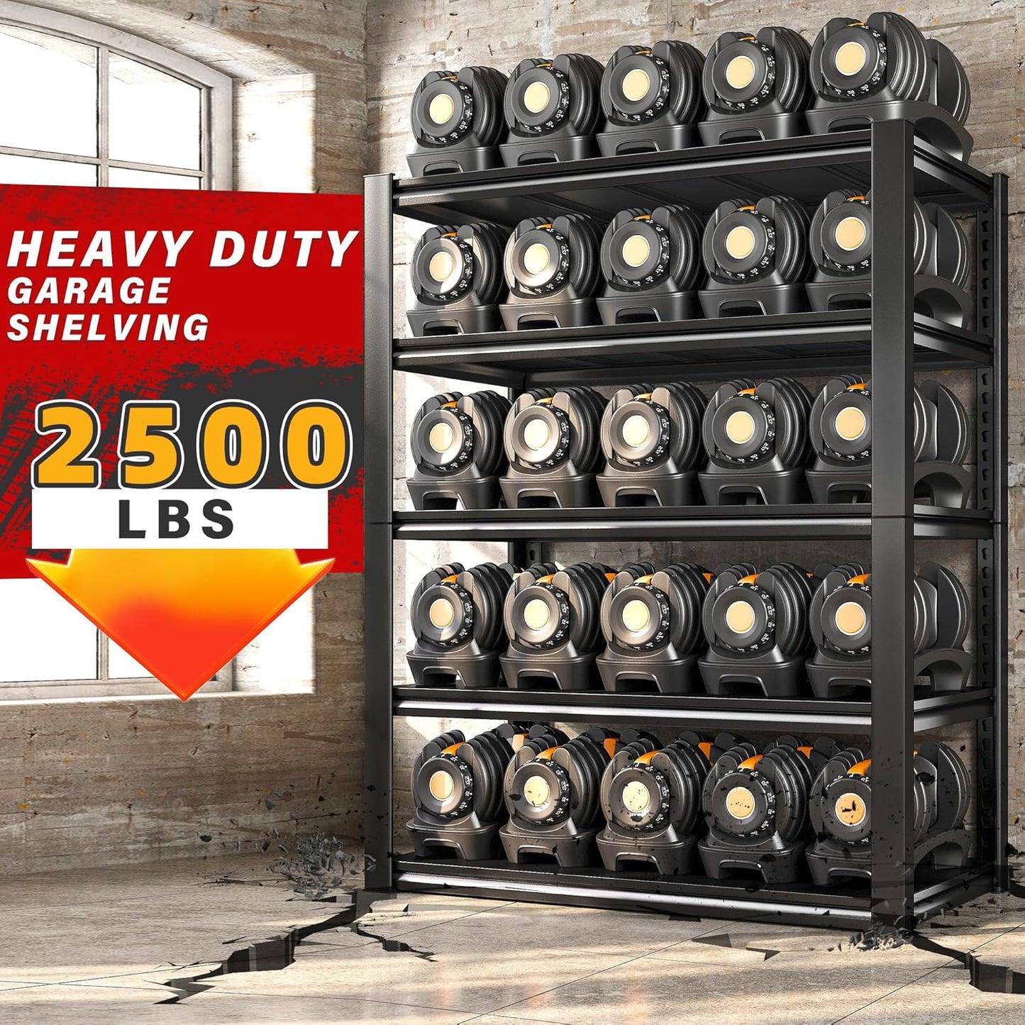 REIBII 40" W Garage Shelving, Heavy Duty Storage Shelves Load 2500LBS, 5-Tier Adjustable Metal Shelving, Garage Shelves for Warehouse, Pantry, Basement, 72" H x 40" W x 18" D, 2Pack