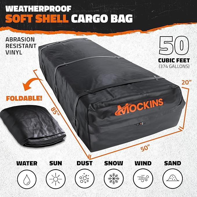 Mockins XXL 50 CuFt Cargo Roof Bag | 85"x50"x20" All-Weather Soft Shell Vinyl Car Top Carrier Without Roof Rack | Waterproof Rooftop Cargo Bag for Top of Car Storage | Roof Rack Bag w/Accessories