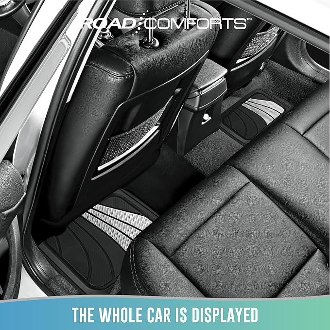 Road Comforts Car Floor Mats Full Set – Front & Rear Car Floor Mats with Aluminum Design, Anti-Slip Backing, All-Weather Protection, Trim-to-Fit Car Mats for Most Sedans, SUVs & Vans - Sliver