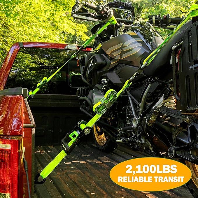 Motorcycle Tie Down Strap (4PK) - 2,100lb Break Strength Premium 15ft Ratchet Tie Down Straps Set, Soft Loop Ratchet Straps for Moving Appliances, Lawn Equipment, Cargo Straps for Trucks