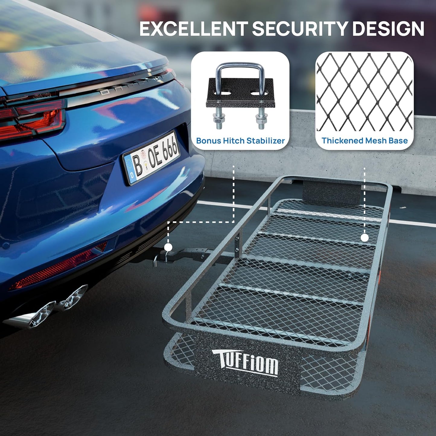 Bonnlo 60''X 20''X6'' Folding Hitch Mount Cargo Carrier Basket with Stablizer, Waterproof Bag, Net, Straps, 500 LBS Capacity Rear Luggage Rack Basket Fits Sedan, SUV, TAN
