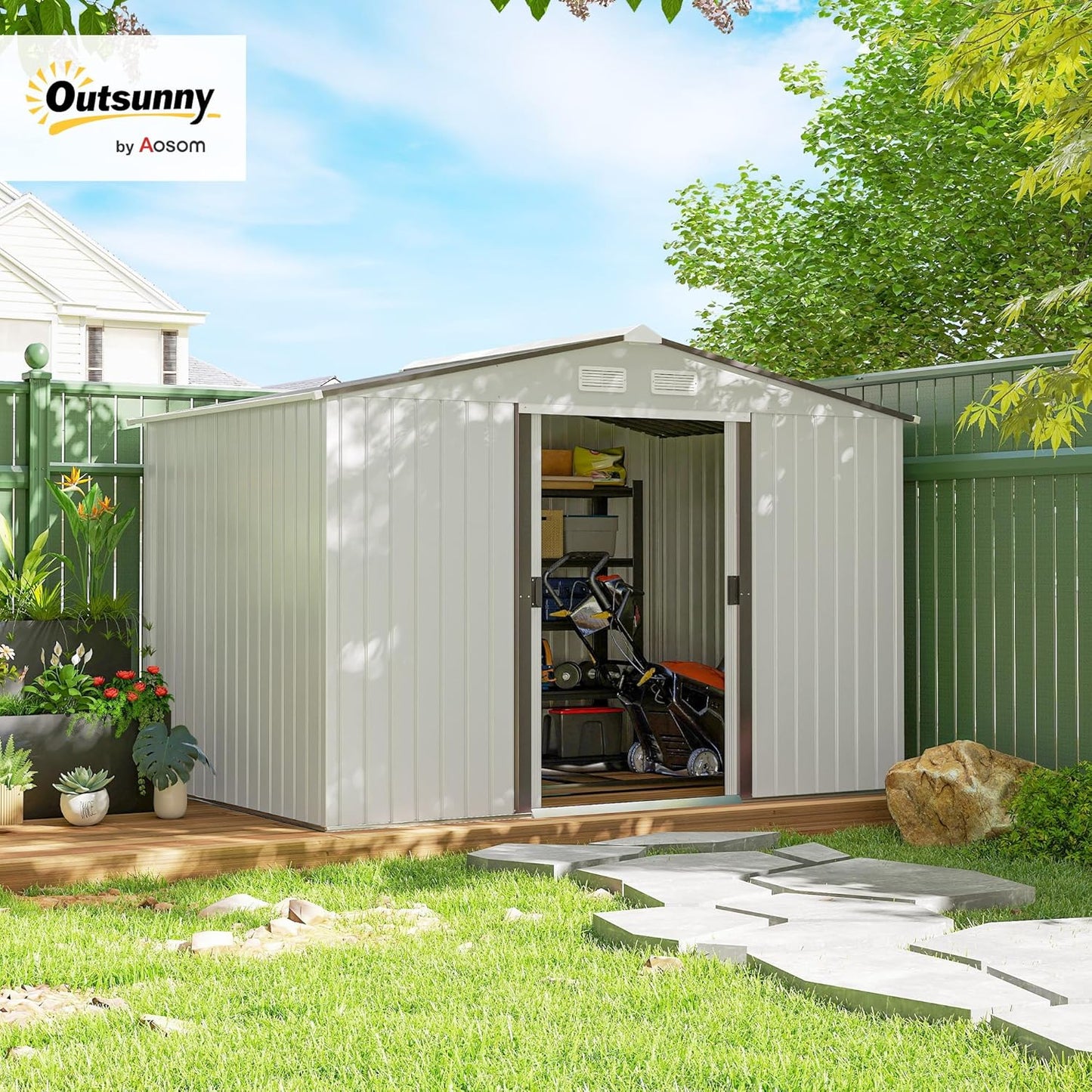 Outsunny 9' x 6' Outdoor Storage Shed, Garden Tool Metal Shed with Foundation Kit, Double Lockable Door, Air Vents and Sloping Roof, for Backyard, Patio, Lawn, Silver