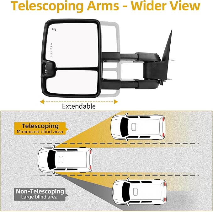 DWVO Power Heated Towing Mirrors for 2003-2006 Chevy Silverado GMC Sierra Tahoe Suburban Avalanche Yukon XL Denali Escalade | Adjustable LED Turn Signal | Chrome Finish