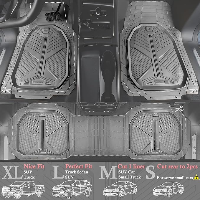 CAR PASS Heavy Duty Rubber Car Mats, Deepdish All Weather Floor Mats for Car Full Set, Universal Automotive Mats Trim to Fit for Sedans SUVs Trucks, Waterproof Anti-Slip Deep Tray 3 Pieces Light Gray