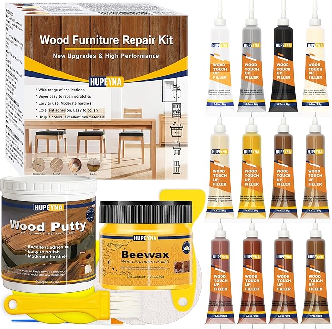 Wood Furniture Repair Kit, 21 Pcs Touch Up Wood Putty, Wood Fillers and Beeswax - Repair Cracks, Scratch, Hole, Discoloration for Wooden Floor, Door, Laminate, Table, Cabinet Surfaces