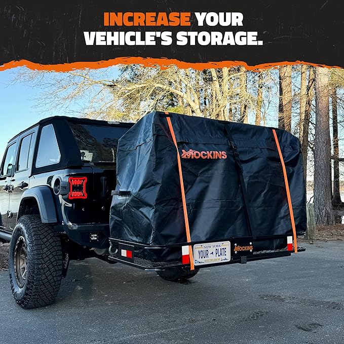 Mockins 60"x24"x6" Trailer Hitch Cargo Carrier & 25 CuFt Waterproof Cargo Bag | 500 Lbs. Capacity Folding Luggage Rack for SUV Car & Truck w/Built-in License Plate Bracket & Hitch Rack Accessories