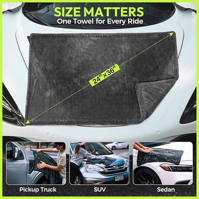 AutoManiacs Drying Towel for Car Detailing, 1500 GSM Ultra Super Absorbent, 24"x36" XL Soft Microfiber Towels for Cars, Twisted-Loop & Streak Free Microfiber Towels for Cars, Trucks, SUVs