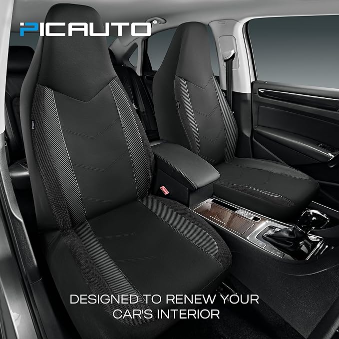 PIC AUTO High Back Front Car Seat Covers - Sports Carbon Fiber Mesh Design, Universal Fit, Airbag Compatible (Black)