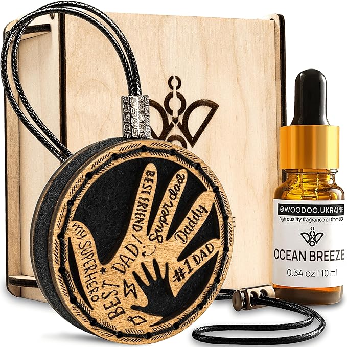 Wood Car Air Freshener — Handcrafted Air Freshener — Father’s Hands Fragrance Oil Diffuser in Wooden Gift Box — Christmas Gift for Car with Ocean Breeze Scent Fragrance Oil - 10 ml