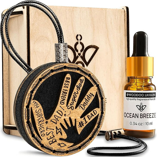 Wood Car Air Freshener — Handcrafted Air Freshener — Father’s Hands Fragrance Oil Diffuser in Wooden Gift Box — Christmas Gift for Car with Ocean Breeze Scent Fragrance Oil - 10 ml