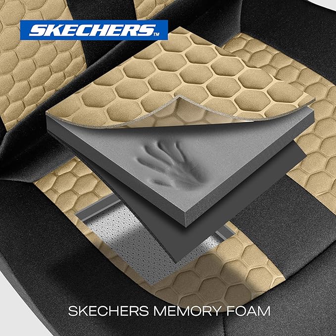 Skechers Memory Foam™ Car Seat Cover Full Sets, Hexcomb Breathable Thick Seat Covers, Airbag Compatible, Automotive Comfort & Protection for Most Cars,Van,Trucks, SUVs (Beige,Full Set)
