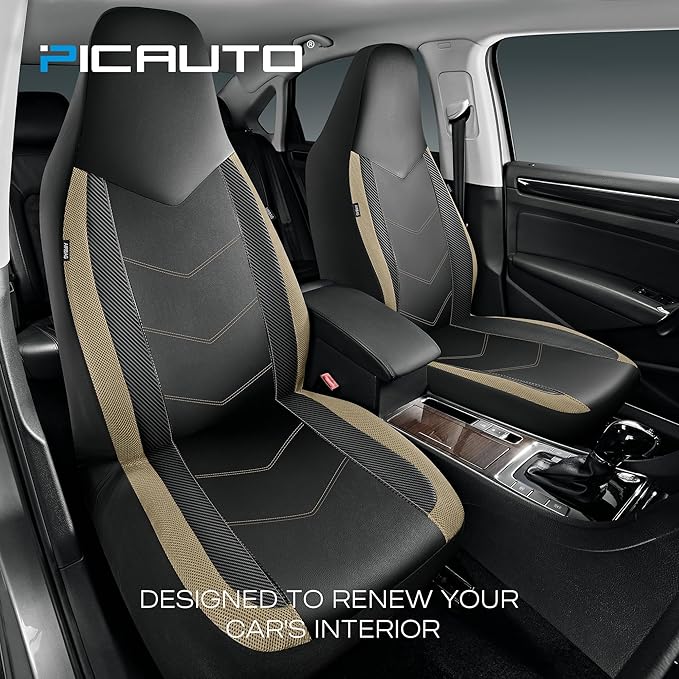PIC AUTO Leather Car Seat Covers, Sports Carbon Fiber & Mesh Design, High-Back Two Front Set, Waterproof Automotive Seat Covers, Airbag Compatible, Universal Fit for Most Cars (Black & Beige)
