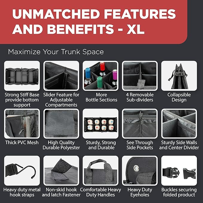 TRUNKCRATEPRO XL Premium SUV, Truck, Car Trunk Organizer With Expandable Compartments - Lightweight Foldable Cargo Organizer
