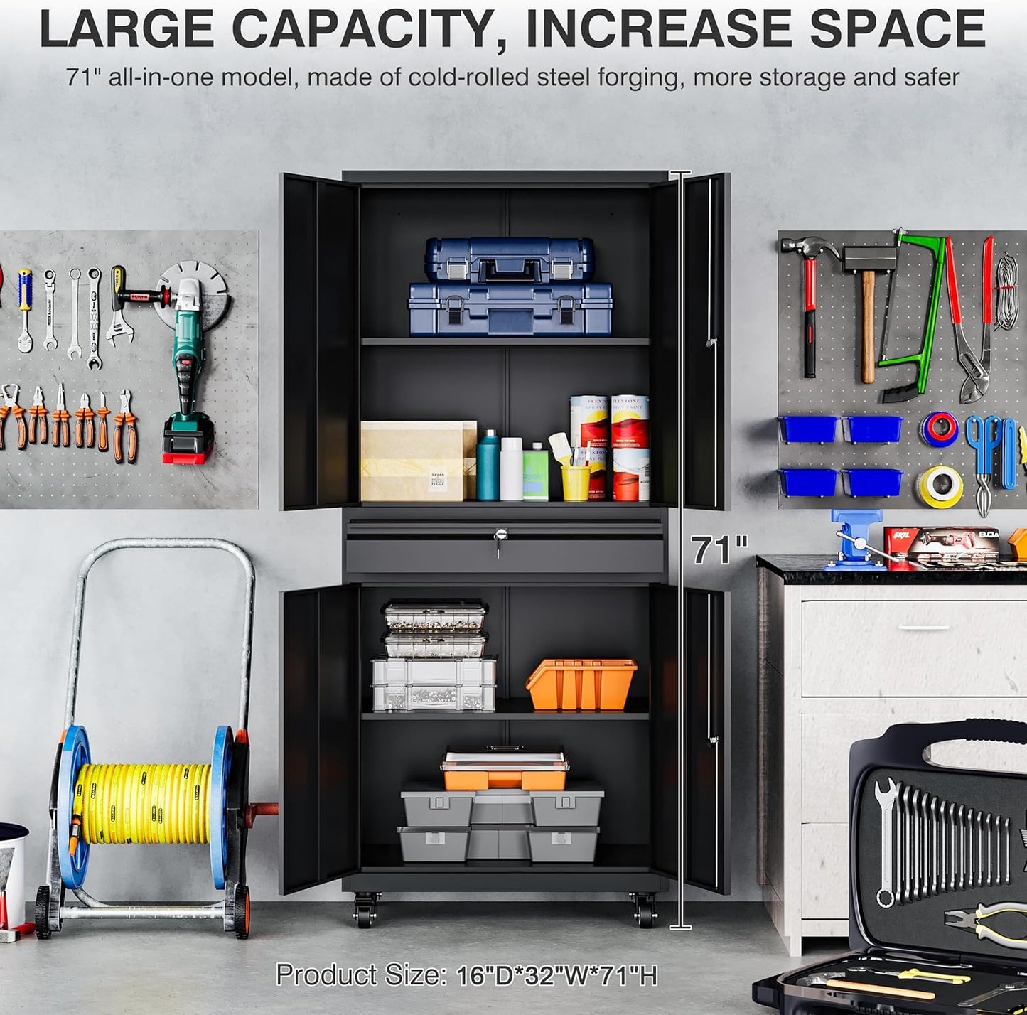 Metal Garage Storage Cabinet with Wheels and Drawer,73" Tall Black Rolling Garage Cabinet with Locking Doors and Adjustable Shelves,Mobile Metal Storage Cabinets on Wheels for Home,Office,Garages,Tool