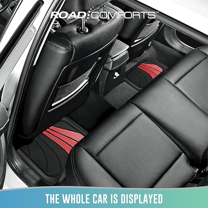 Road Comforts Car Floor Mats Full Set – Front & Rear Car Floor Mats with Aluminum Design, Anti-Slip Backing, All-Weather Protection, Trim-to-Fit Car Mats for Most Sedans, SUVs & Vans - Red