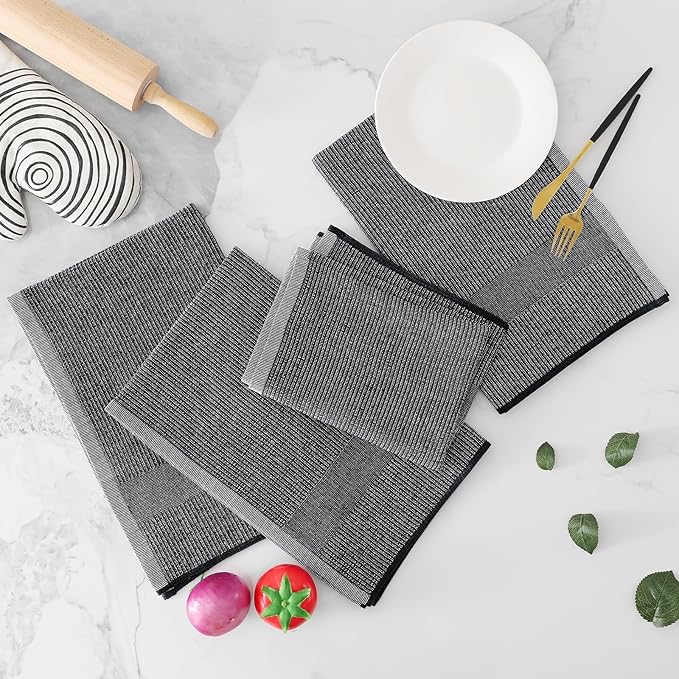 Homaxy Premium Kitchen Towels(18”x 28”, 8 Pack), Large Cotton Kitchen Hand Towels, Flat and Terry Dish Towels, 380 GSM Highly Absorbent Tea Towel Set with Hanging Loop, Black