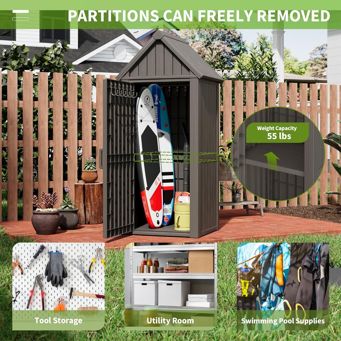 Shed Outdoor Storage Shed with Sloping Roof and Lockable Door, Resin Outdoor Storage Box Cabinet Waterproof and Multiple Hooks for Backyard, Patio, Poolside, Grey