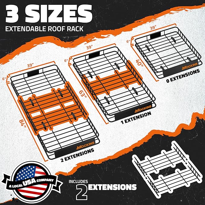 Mockins 84"x39"x6" XL Extendable Roof Rack Cargo Carrier for Top of Vehicle Storage | 250 Lbs. Capacity Weatherproof Steel Heavy Duty Roof Rack Basket | Rooftop Cargo Carrier Basket w/Straps & Net