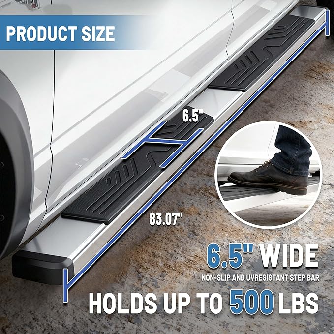 PZ 6.5" Running Boards Compatible with 2019-2025 Dodge Ram 1500 Crew Cab New Body Style Chrome Stainless Steel Ridge Pattern Truck Side Steps Rails Nerf Bars(for 19-25 Ram 1500 New Body Style)
