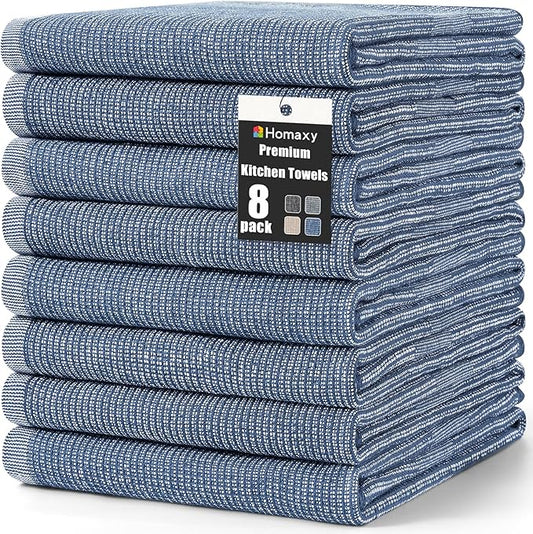Homaxy Premium Kitchen Towels(18”x 28”, 8 Pack), Large Cotton Kitchen Hand Towels, Flat and Terry Dish Towels, 380 GSM Highly Absorbent Tea Towel Set with Hanging Loop, Navy Blue