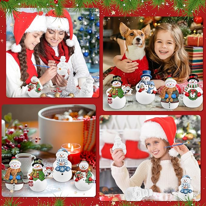 GuiZha 6 Sets Winter Christmas Ceramic to Paint DIY Snowman Plaster Paint Kit Unpainted Snowman Figurines Ready to Paint Ceramic Ornaments Christmas Crafts for Adults