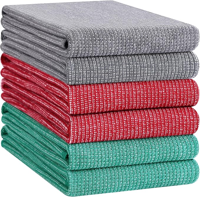 Homaxy Premium Kitchen Towels(18”x 28”, 6 Pack), Large Cotton Kitchen Hand Towels, Flat and Terry Dish Towels, 380 GSM Highly Absorbent Tea Towel Set with Hanging Loop, Grey/Red/Green