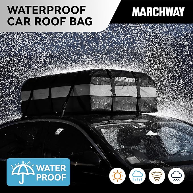 MARCHWAY Waterproof Car Roof Luggage Bag, Weatherproof Soft Shell Rooftop Cargo Carrier Bag for Vehicles with or Without Rack. 6 Door Hooks, Anti Slip Mat, Lock Included (21 Cubic Feet, Black)
