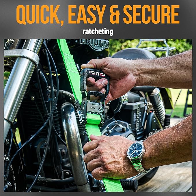 FORTEM Ratchet Tie Down Straps, 5208lb Break Strength, 4 Pack 10ft x 1.5in Heavy Duty Straps, 4 Soft Loops, Cam Buckles for Motorcycles, Safety Lock S Hooks, Carry Bag