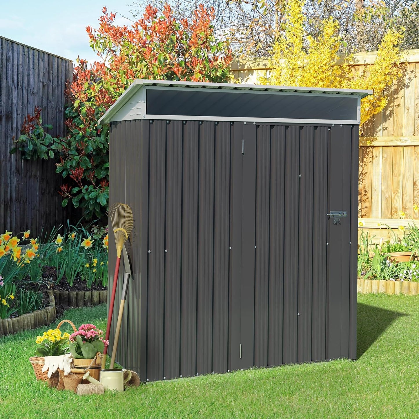 Vongrasig 5 x 3 x 6 FT Outdoor Storage Shed Clearance, Metal Garden Shed with Large Window and Lockable Door, Anti-Corrosion Waterproof Tool Shed for Backyard Patio, Lawn (Dark Gray)
