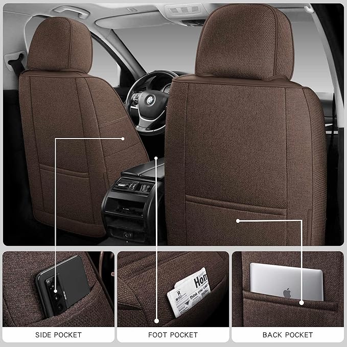 Car Seat Covers Full Set, 5 Seats Universal Linen Vehicle Cushion for Automotive Front and Rear, Seat Protectors Fit for Most SUV Truck Sedans Pick-up Jeep, Airbag Compatible (Brown)