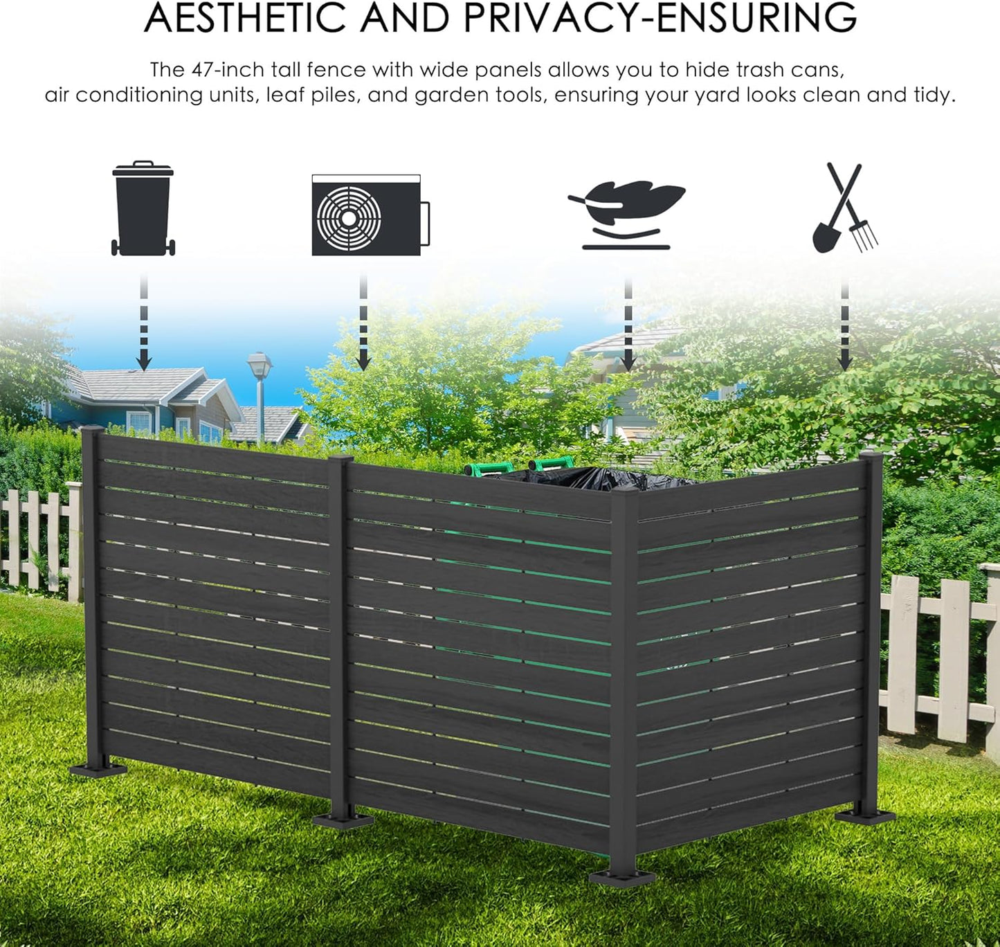 Kozyard 50" W x 48" H Outdoor Privacy Screens Aluminum Post, Air Conditioner Fence Panels, Pool Equipment Enclosure, Trash Can Screens Fence Kit for Outside Backyard Patio (Black/ 3 Panels)