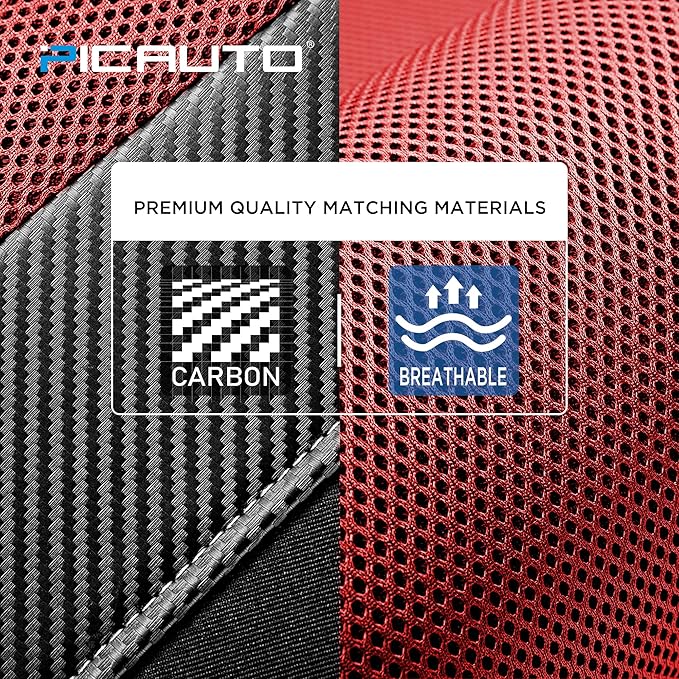 PIC AUTO High Back Front Car Seat Covers - Sports Carbon Fiber Mesh Design, Universal Fit, Airbag Compatible (Red)