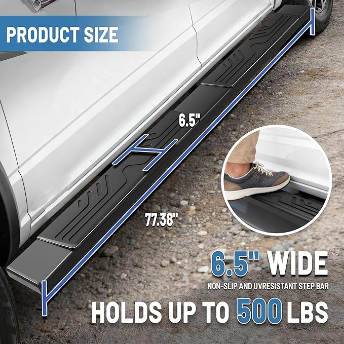 PZ 6.5" Running Boards Compatible with 2019-2025 Dodge Ram 1500 Crew Cab New Body Style Black Aluminum Ridge Pattern Truck Side Steps Rails Nerf Bars(Only for 2019-2025 Ram 1500 New Body Style)