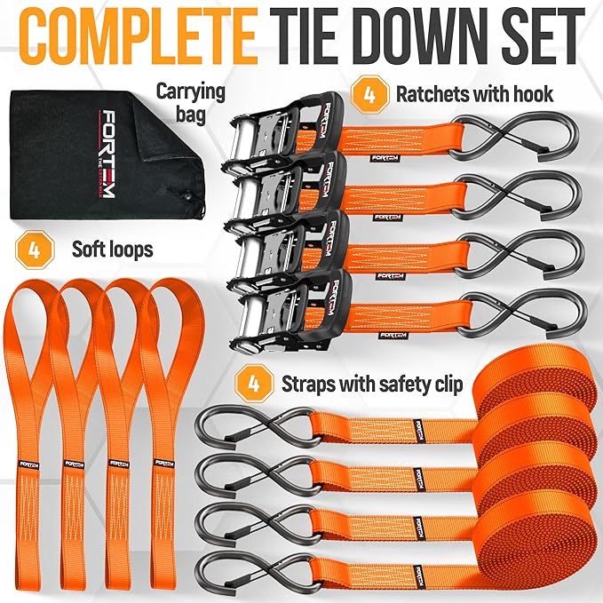 FORTEM Ratchet Tie Down Straps, 5208lb Break Strength, 4 Pack 10ft x 1.5in Heavy Duty Straps, 4 Soft Loops, Cam Buckles for Motorcycles, Safety Lock S Hooks, Carry Bag