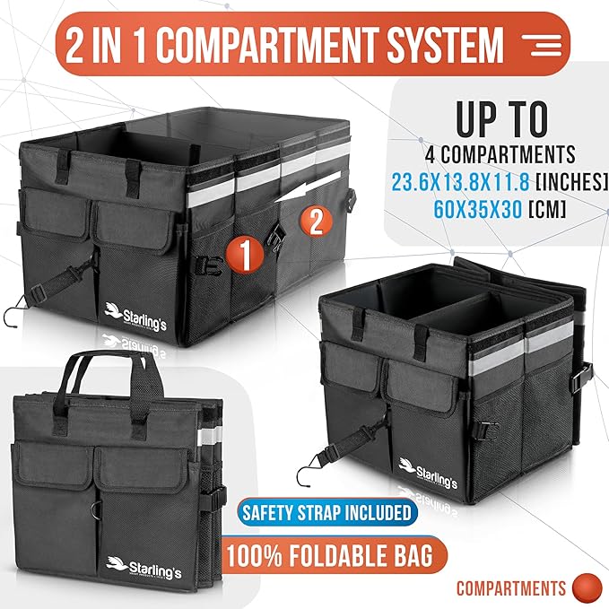 Starling's Car Trunk Organizer Super Strong, Foldable Storage Cargo Box for SUV, Auto, Truck Nonslip Waterproof Bottom, Fits any Vehicle, Come w Adjustable TieDown Straps W LID (Black, 2