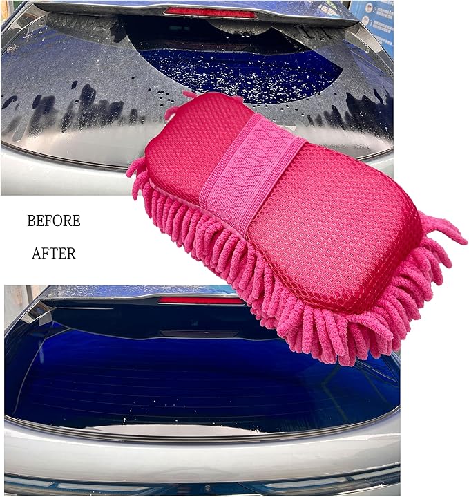 Microfiber Car Wash Sponge-Non-Scratch Wash Mitt-Two Sided Chenille Microfiber Washing Sponge-Mitt for Cars, Trucks, SUVs, Boats(2 Pack Pink)