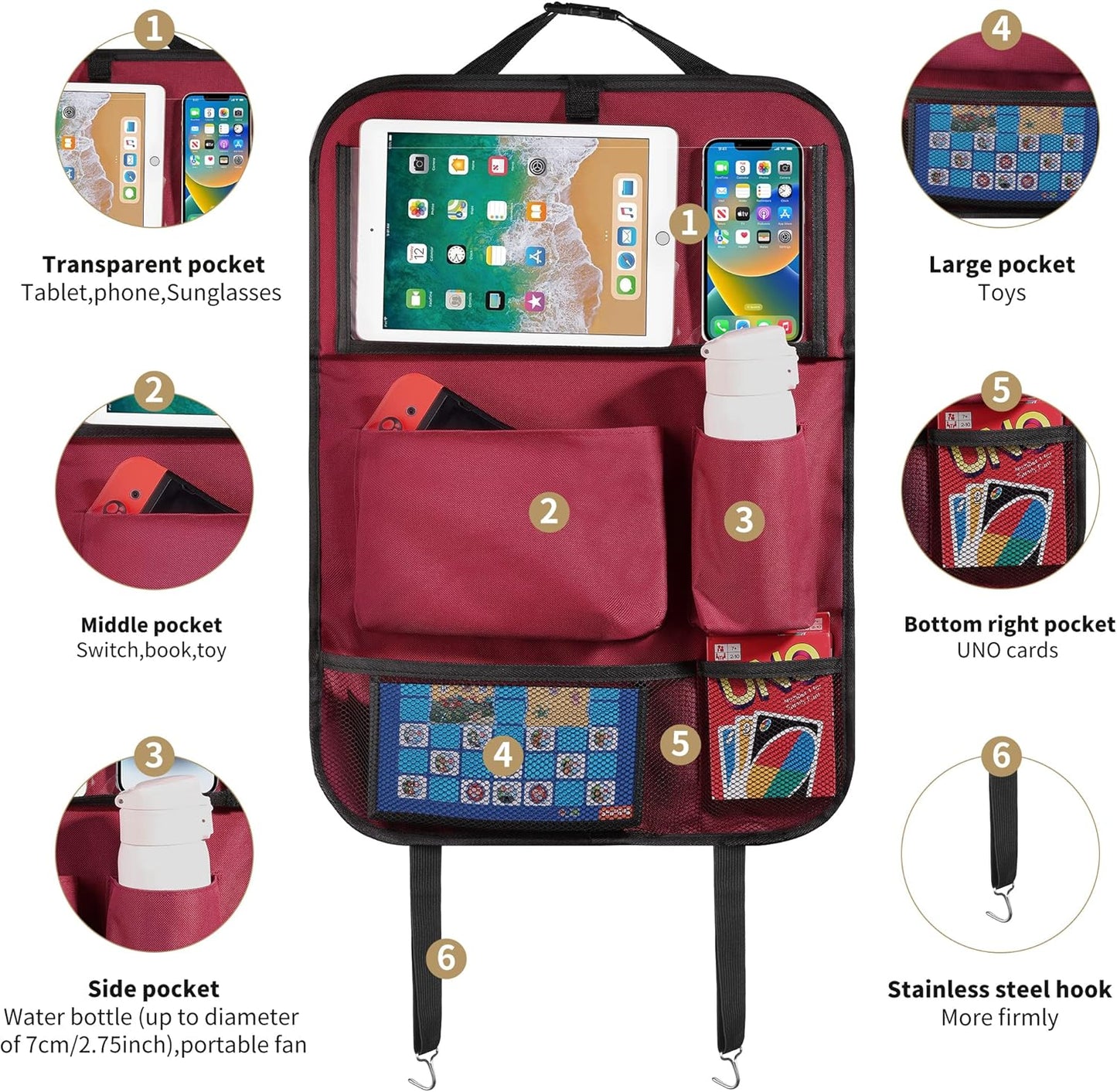 LUCMO Car Backseat Organizer with Tablet Holder,6 Storage Pockets Car Storage Organizer with Foldable Food Tray,Seat Protectors Kick Mats Travel Accessories-Red