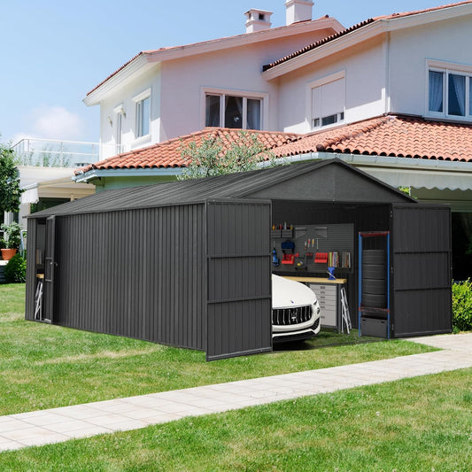 Domi 12'x20' Metal Garage Shed, Heavy Duty Outdoor Steel Carport with Lockable Double, Side Doors, 80MPH Wind and Snow Resistant Enclosed Storage for Cars, Trucks, Motorcycles, Tools, Dark Grey