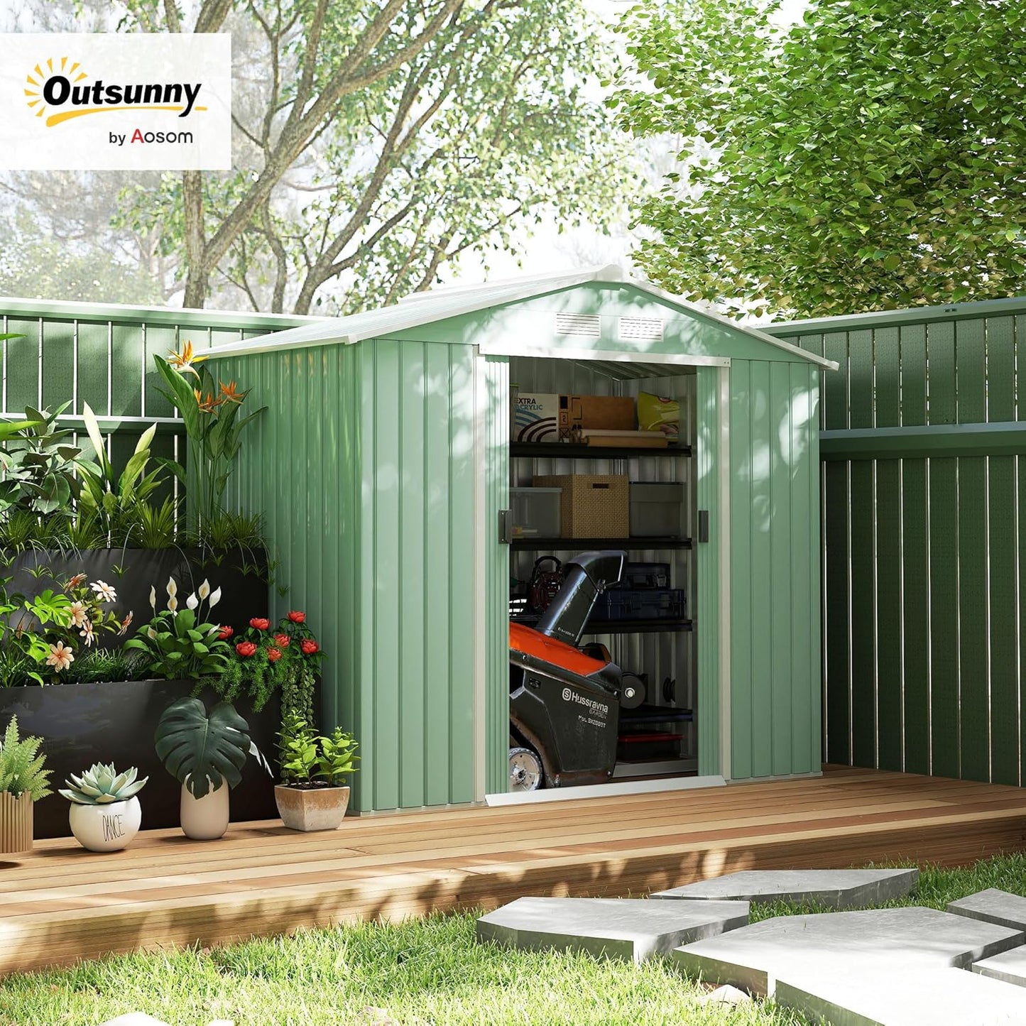 Outsunny 7' x 4' Outdoor Storage Shed, Garden Tool Metal Shed with Foundation Kit, Double Lockable Door, Air Vents and Sloping Roof, for Backyard, Patio, Lawn, Light Green