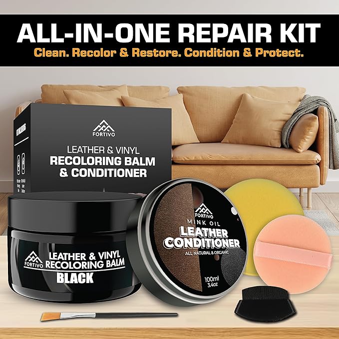 FORTIVO Leather Recoloring Balm with Mink Oil, Couch Repair Kit, Leather Dye and Restorer for Furniture - Black