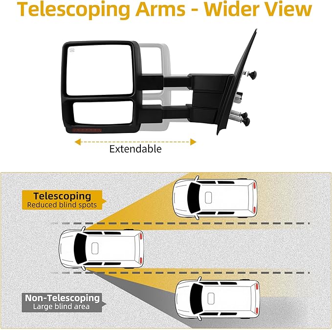 DWVO Towing Mirrors for 2007-2014 Ford F150, Power Heated Side Mirrors with Amber LED Turn Signal, Puddle Light, Manual Telescoping and Folding, Pair Replacement Tow Mirrors Set