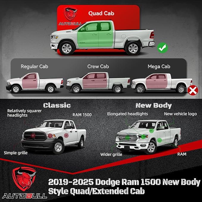 Running Boards Compatible with 2019-2025 Dodge Ram 1500 New Body Style Quad/Extended Cab, 6" 2-Stairs Side Step Rails Coated Black Carbon Steel Nerf Bars