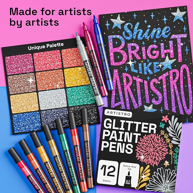 ARTISTRO 12 Glitter Paint Pens Sparkly and Shiny for Glass, Rock Painting, Ceramic, Wood, Fabric, Scrapbooking, DIY Craft Making, Coloring - Acrylic Paint Markers Extra-Fine Tip 0.7mm
