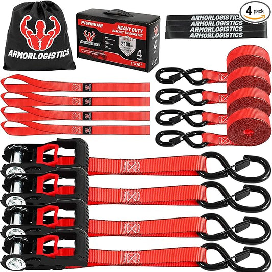 Ratchet Straps (4 Pack) - 1in x 15ft Motorcycle Strap Tie Downs with 15ft Soft Loops - 2,100lb Break Strength Ratchet Tie Down Straps for Motorcycles, Truck, Cargo - Safety S Hook, Storage Bag