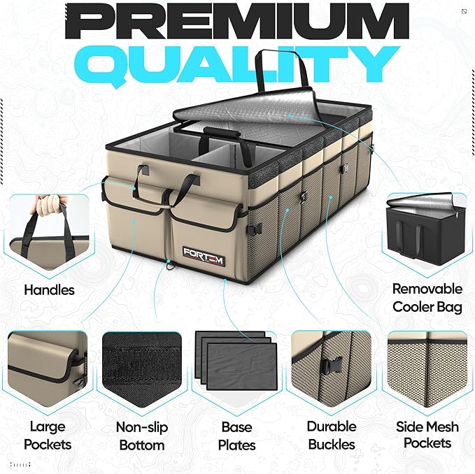 FORTEM Car Trunk Organizer with Cooler, Collapsible Multi Compartment SUV Organizer, Foldable Storage for Car Accessories for Women Men, 600D Oxford, Non Slip Bottom, Securing Straps Soft Cover (105L)