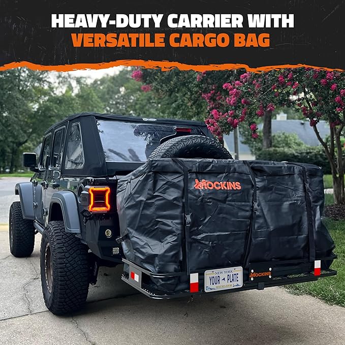 Mockins 60"x24"x6" Trailer Hitch Cargo Carrier & 25 CuFt Waterproof Cargo Bag | 500 Lbs. Capacity Folding Luggage Rack for SUV Car & Truck w/Built-in License Plate Bracket & Hitch Rack Accessories