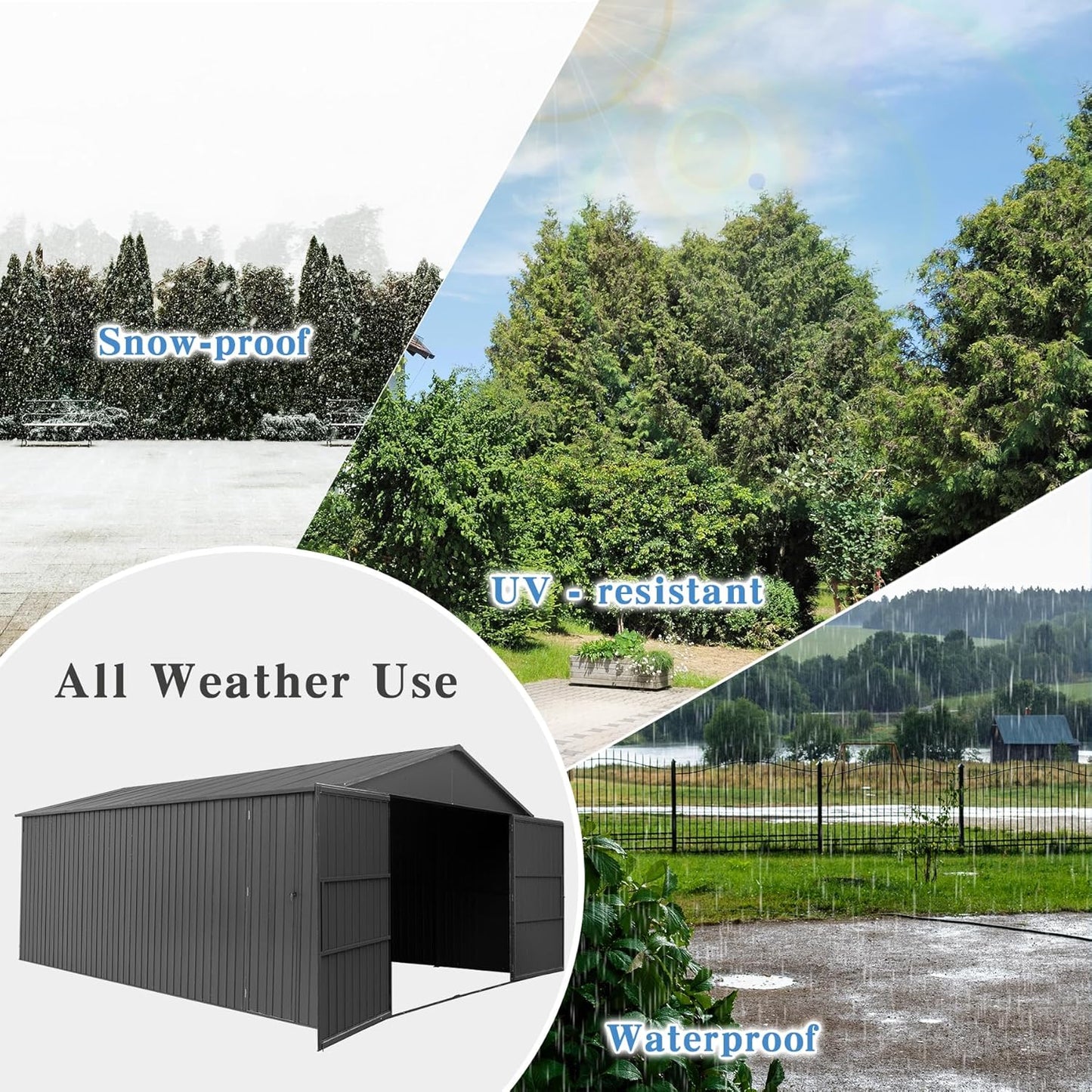 Domi 12x15FT Outdoor Metal Garage Shed, Extra Large Carport with Skylights & Dual-Entry, Backyard Storage Shed for Car, Truck, Lawn Mower and Tool, Dark Grey