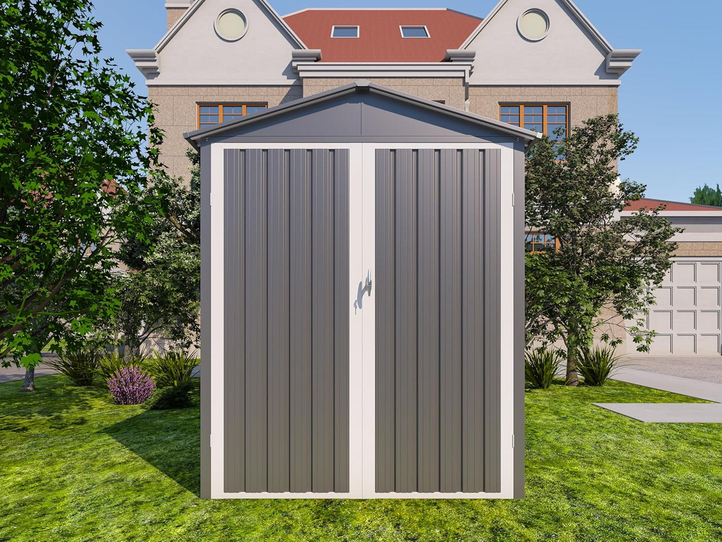 Motorcycle Steel Storage Shed with Window & Tracks,Outdoor Weather-Resistant Storage Box for Bikes, Tools, Sports Equipment,Easy Assembly, 121" W Gray+White